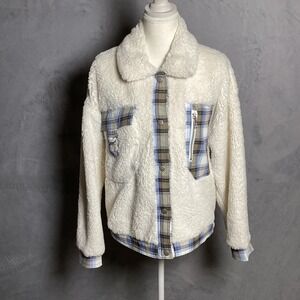 Cato Size M Sherpa Jacket Cream Plaid Trim Cozy Teddy Zip Pocket